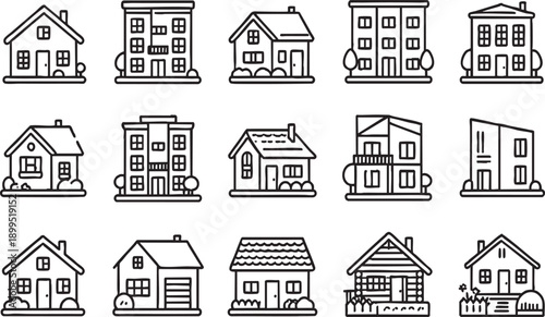 Modern House and Residential Building Outline Icon Set