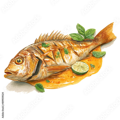 Fish Curry, watercolor clipart vector, isolated on a white background.