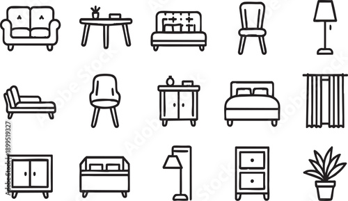Modern Home Interior and Furniture Outline Icon Set