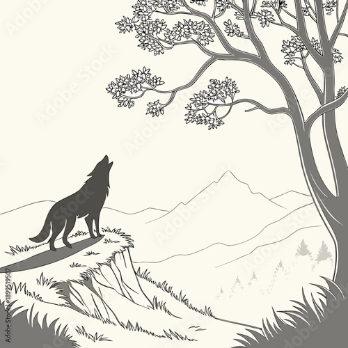 A lone wolf standing on a hilltop beneath a bare tree during twilight hours