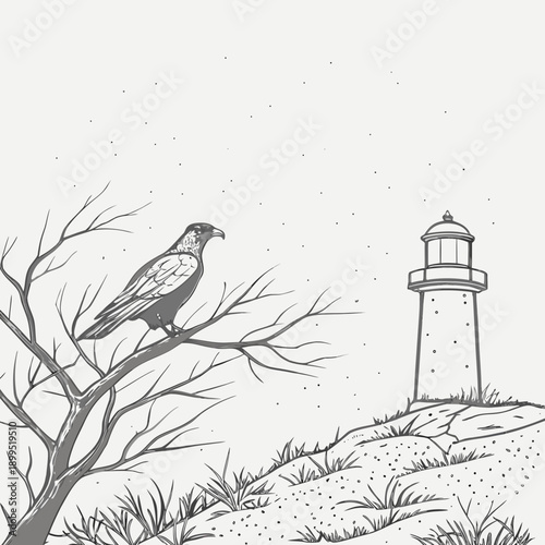 Two birds perched near a lighthouse on a rocky coastline at dusk