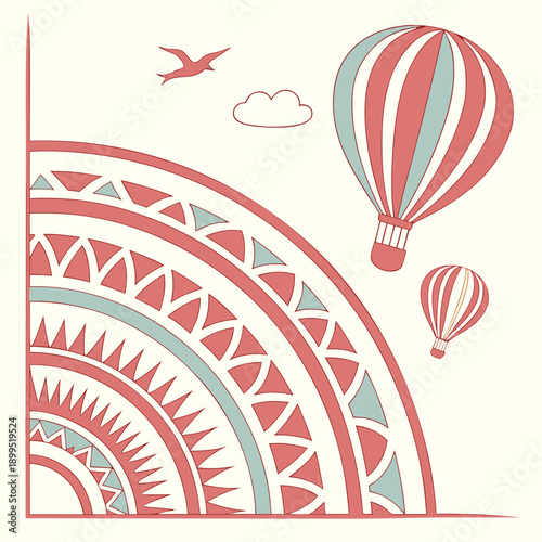 Whimsical hot air balloon floating over a colorful geometric pattern