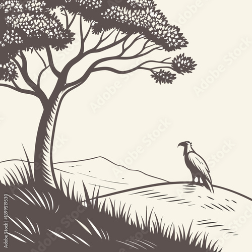 A solitary bird standing in serene marshy landscape under a lone tree