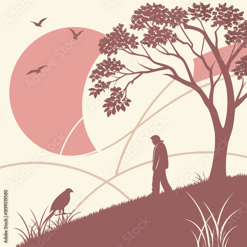 Silhouetted figures walking along a serene hillside at sunset