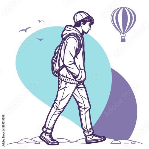 A lone adventurer walks while holding a colorful hot air balloon tether.