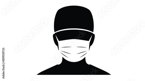 a black and white silhouette of a person wearing a face mask and hat