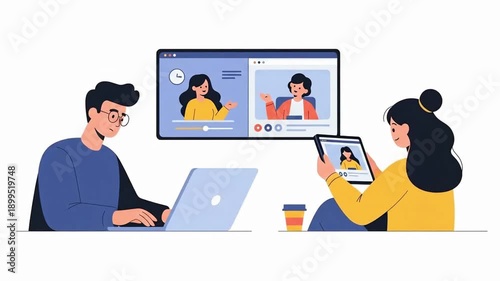 Illustration of remote work and online communication featuring people engaging in a virtual meeting via video conference technology on multiple devices