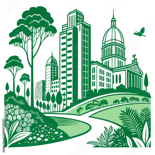 Urban landscape with modern buildings and historical architecture in a green park setting