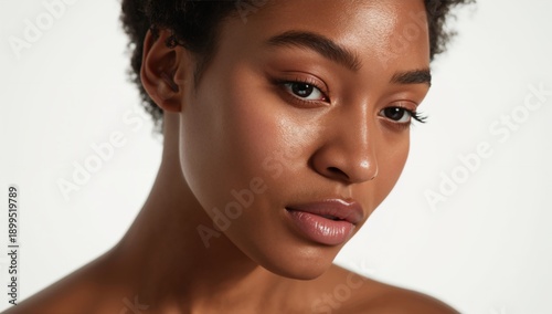 Close up of a Woman With Natural Beauty and Clear Skin Looking Thoughtfully t...