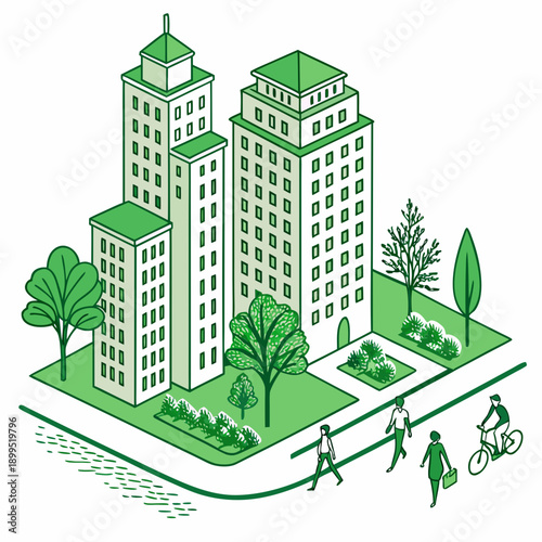 Modern urban residential buildings surrounded by greenery and pathways