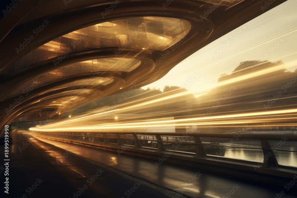 Fototapeta premium Abstract light trails creating speed and motion under a futuristic overhead structure