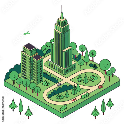 A whimsical miniature city set amidst lush greenery and winding roads.