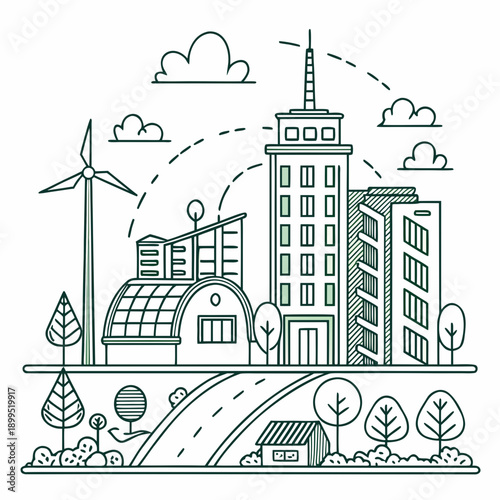 Modern cityscape with renewable energy sources and greenery integrated into urban life