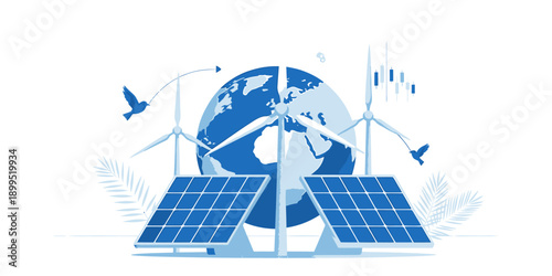 Renewable energy sources for a sustainable future with solar panels and wind turbines globally
