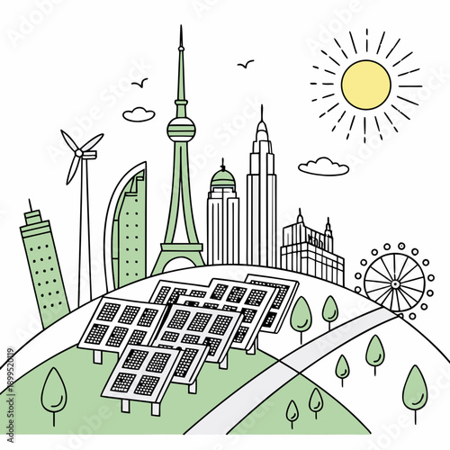 A vibrant cityscape blending urban development with sustainable green initiatives under a bright sun.