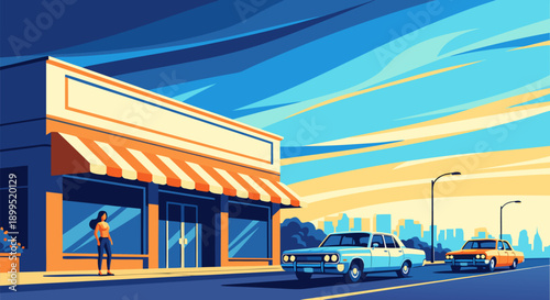 Vibrant vector illustration of a retro storefront with cars on a street during sunset