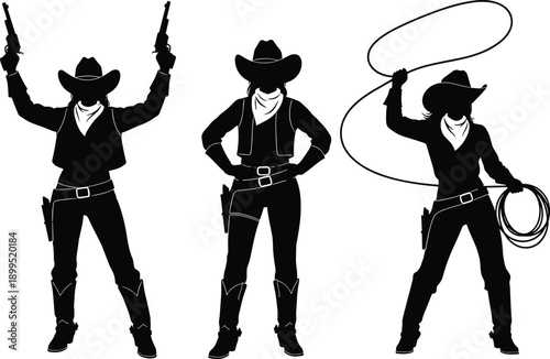 Black cowboy and cowgirl silhouettes collection showing pistol and lasso action poses, western outlaw vector illustration set isolated on white background design