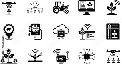 Smart agriculture icons, precision farming, iot technology, drone irrigation, automated tractor, crop monitoring, smart sensors, digital farming, sustainable agrotech, set