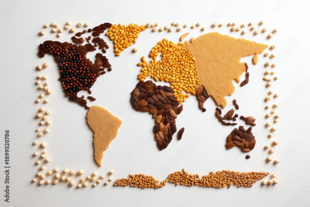 Fototapeta premium World map forming from various grains and seeds symbolizing global food supply