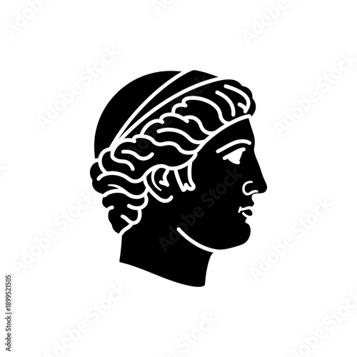 Solid black silhouette icon of a stone head sculpture inspired by ancient art