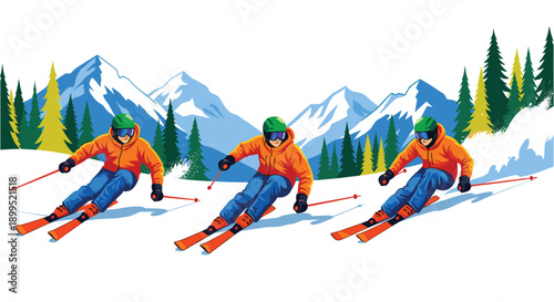 Dynamic skiers racing down a scenic snowy mountain trail with pine forests Vector