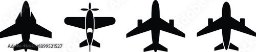 Collection of four distinct black silhouette of various aircraft viewed from directly above showcasing different wing and fuselage for aviation representation