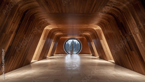 Modern Hallway Features Wood Paneling and Circular Window Overlooking a Citys...