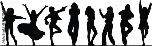 Diverse array of black silhouettes of women in and expressive poses, showcasing different styles and stances against a plain white background