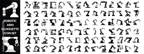 Robotic arm silhouette icon set, industrial automation, mechanical engineering, factory equipment, vector illustration, black pictogram, robotics technology graphic