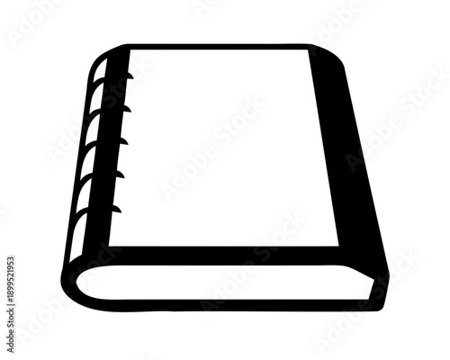 Black and white drawing of a ring binder with blank pages