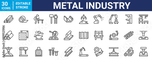 Metal Industry vector icons set featuring metallurgy, steel production, welding, metal processing, industrial machinery, factories, and manufacturing workflow.