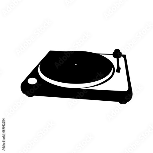 A classic vinyl record player turntable in black and white silhouette