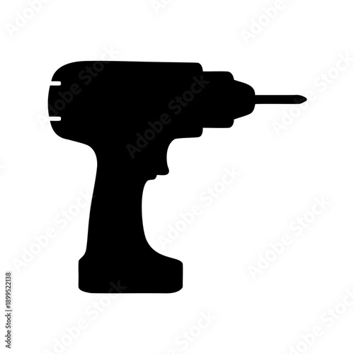 Silhouette of a cordless power drill with a bit, on white background