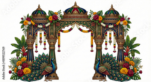 Ornate indian wedding gate decorated with flowers and peacocks