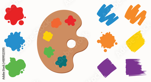 Colorful artist palette paint splatters and brush strokes art creativity education fun colors abstract messy