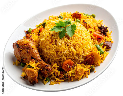  Vegetable Chicken Biryani on White Plate, Close-Up Top View, Garnished with Herbs, Isolated on Transparent Background