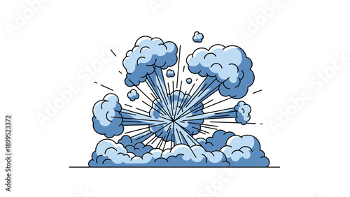 Comic book style explosion with dramatic blue smoke clouds and radiating lines creates action and power on a white background.