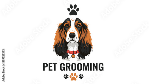 Elegant pet grooming logo features a spaniel dog head with a red collar surrounded by stylish black and orange paw print motifs.