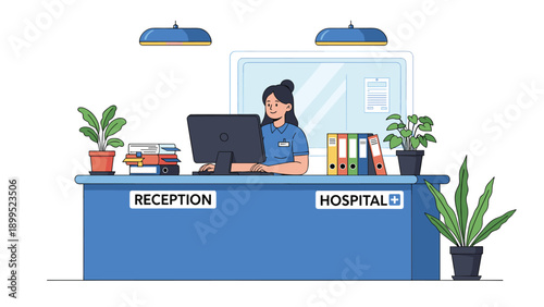 Female receptionist works at a modern hospital reception desk equipped with a computer, files, and plants for a welcoming atmosphere.