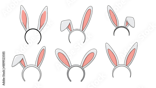 Collection of six different bunny ear headbands with pink interiors and various ear positions offers fun accessories for parties.