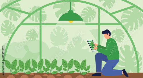 Smart greenhouse farming monitoring plants with tablet, sustainable agriculture technology, indoor cultivation, digital farm management, flat vector illustration modern system