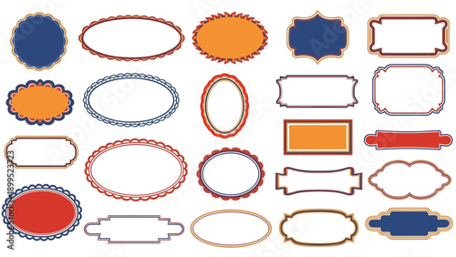 Assortment of vintage style labels and decorative frames in various shapes and colors provides numerous options for design.