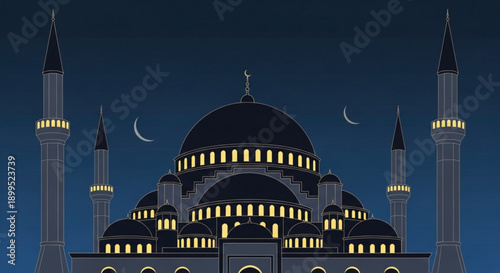 Mosque at Night with Crescent Moon, Islamic Architecture, Vector Illustration