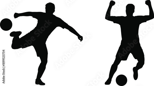 Dynamic silhouette of two male soccer players engaged in a football match on a clean white background