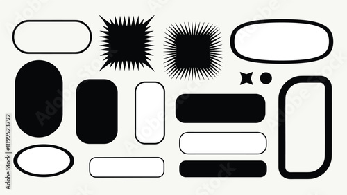 Selection of black and white rounded rectangle frames, starburst badges, and simple solid shapes creates a design toolkit.