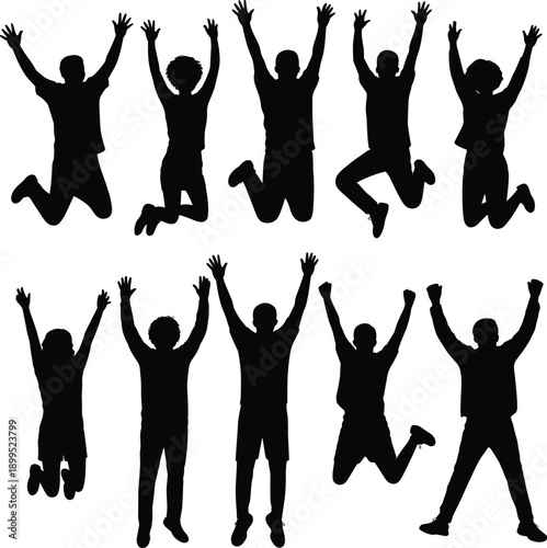 Energetic silhouettes of diverse individuals jumping with arms raised in celebration and joy against a stark white background