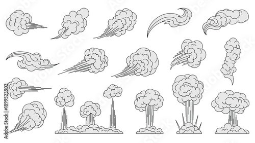 Set of various comic book smoke clouds, dust trails, and explosions in gray and white with black outlines demonstrates motion.