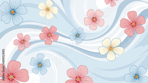 Enchanting seamless floral pattern features delicate pink and yellow flowers floating on a background of soft blue waves.