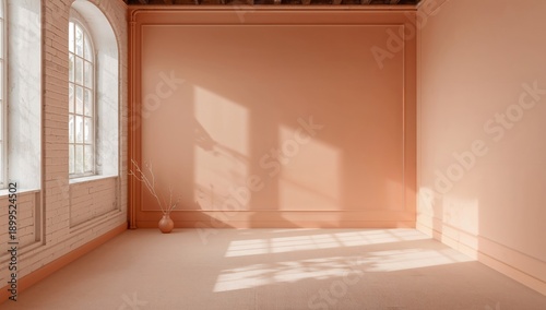 Sunlight Shines Through Windows in a Room With a Peach Wall and Simple Decor ...