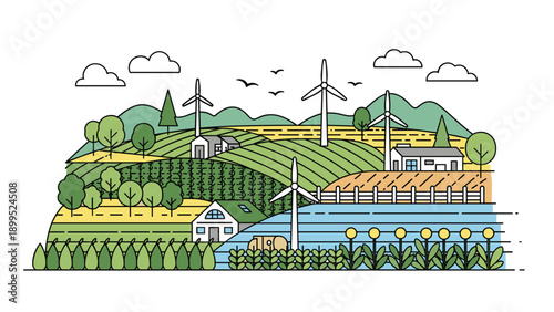 Sustainable agriculture landscape featuring rolling farm hills houses wind turbines and a pond in a detailed line art style.